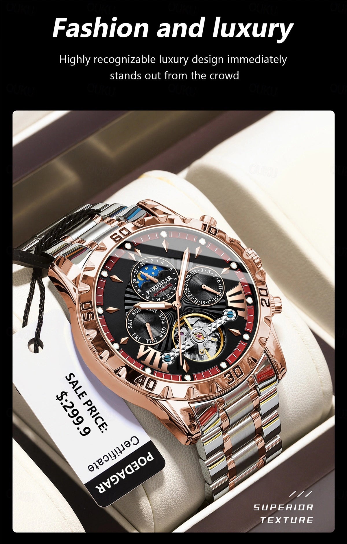 Montre mécanique automatique de luxe pour hommes Multifonction